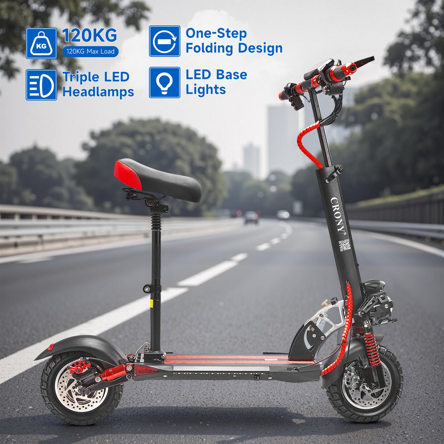 CRONY V10 Big Display+Seat Electric Scooter 1200W Motor 48V/14AH Battery 25-35KM Range Disc Brakes Front/Rear Suspension-2