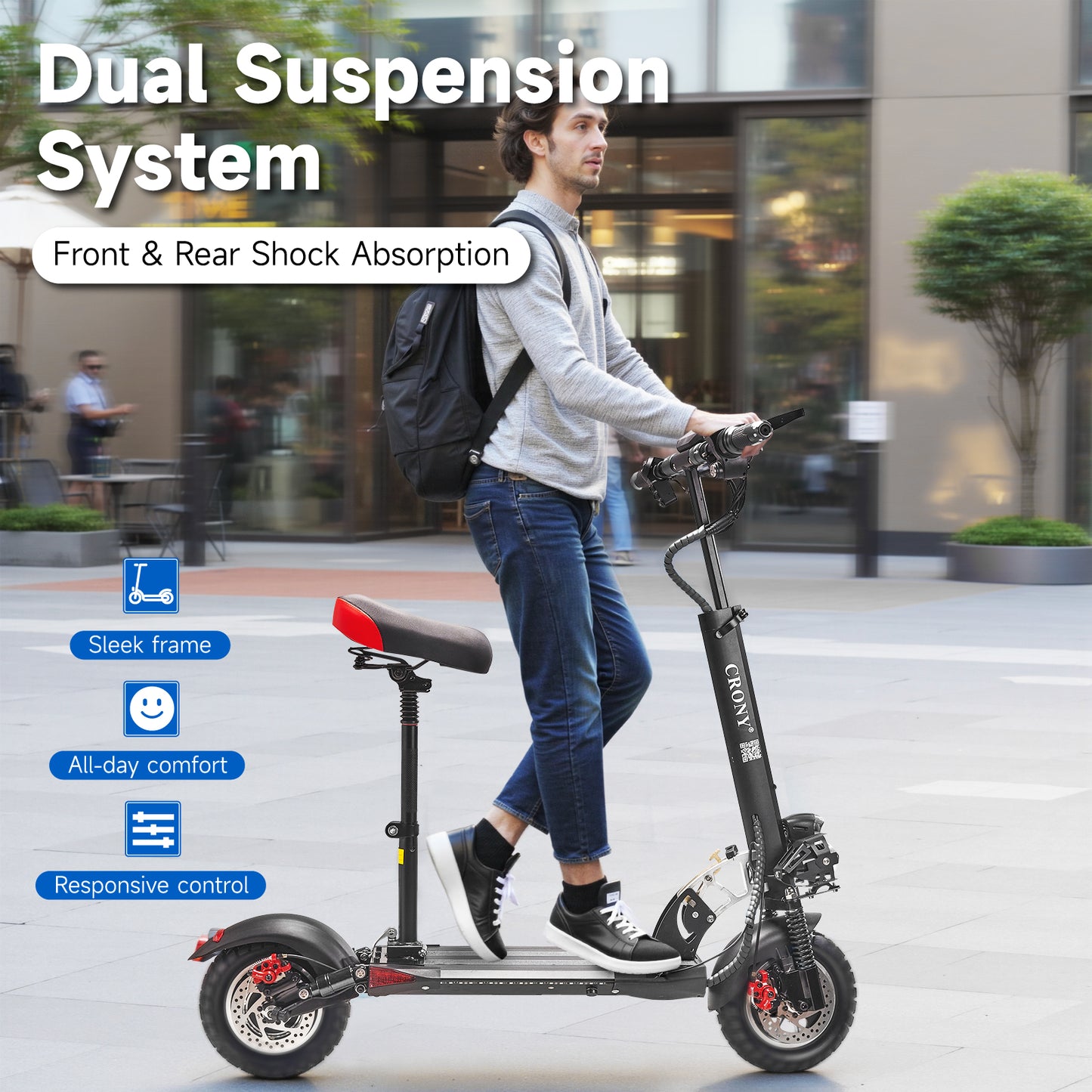 CRONY V10 Big Display+Seat Electric Scooter 1200W Motor 48V/14AH Battery 25-35KM Range Disc Brakes Front/Rear Suspension-2