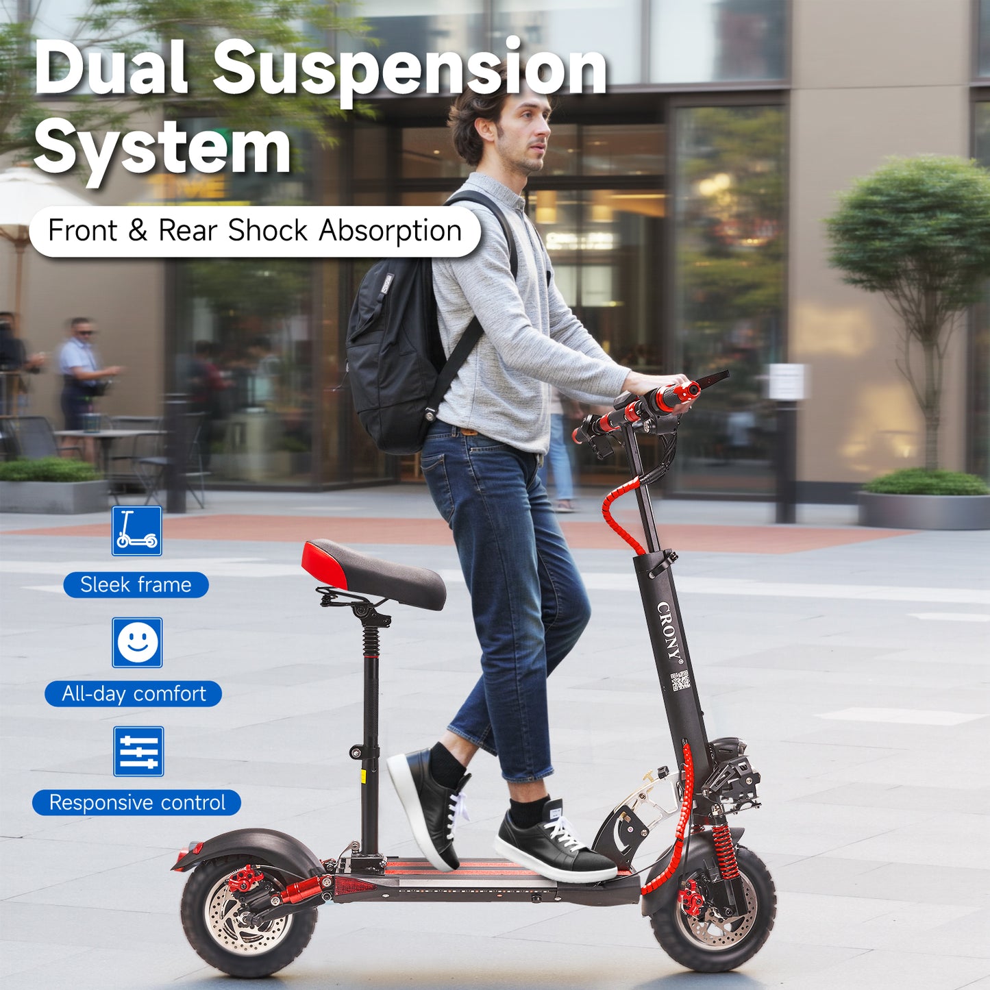 CRONY V10 Big Display+Seat Electric Scooter 1200W Motor 48V/14AH Battery 25-35KM Range Disc Brakes Front/Rear Suspension-2