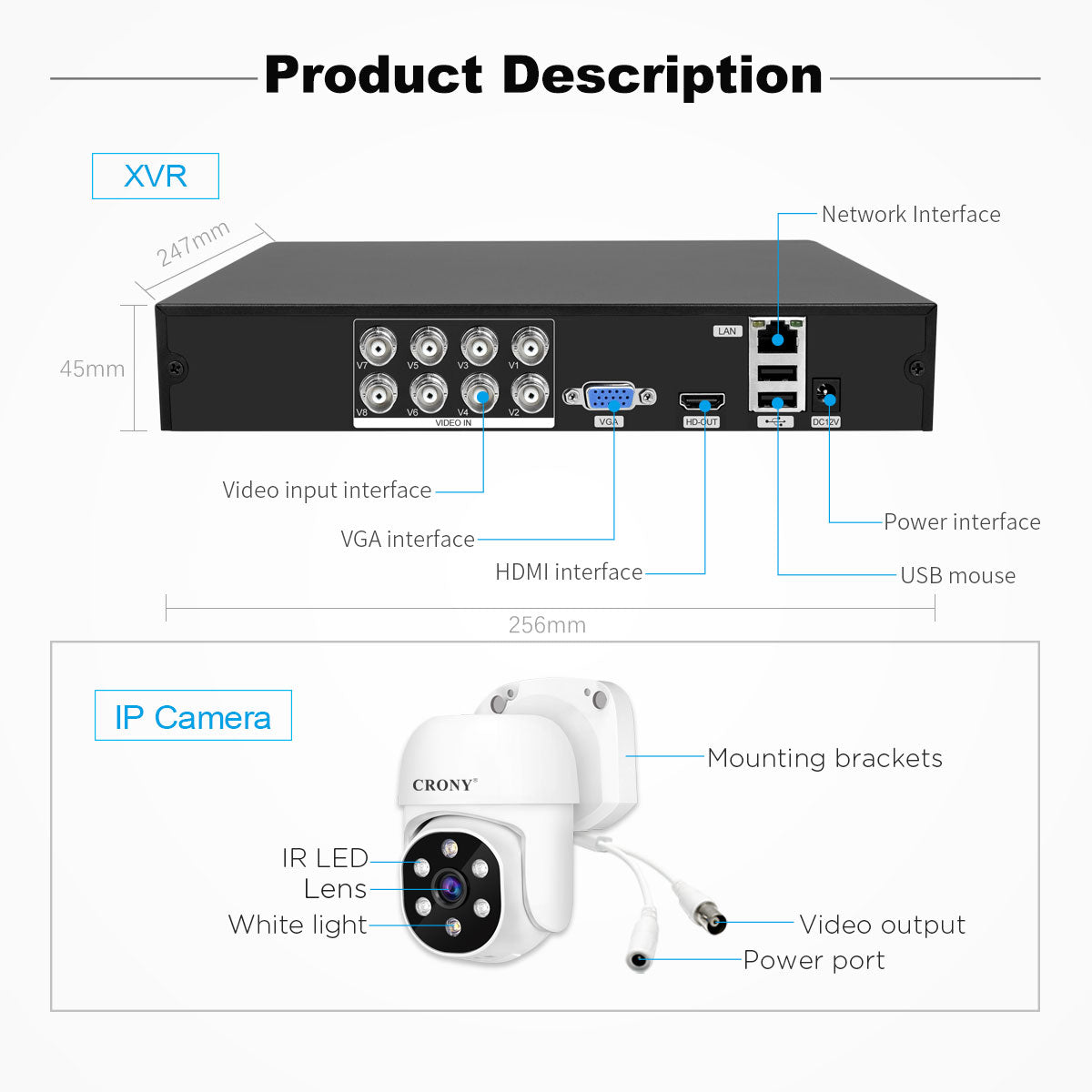 CRONY NVS008 Security Camera System 8 Channel 5MP Outdoor Indoor Surveillance DVR Kit with 8pcs 5MN AHD Cameras with Audio Night Vision Motion Detection