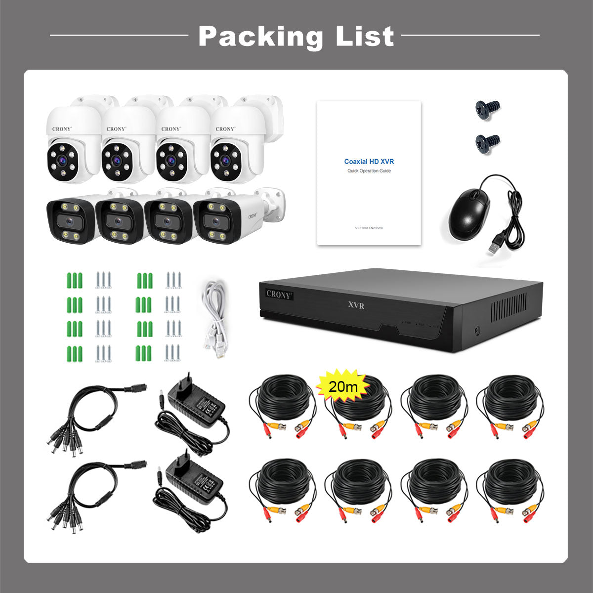 CRONY NVS008 Security Camera System 8 Channel 5MP Outdoor Indoor Surveillance DVR Kit with 8pcs 5MN AHD Cameras with Audio Night Vision Motion Detection