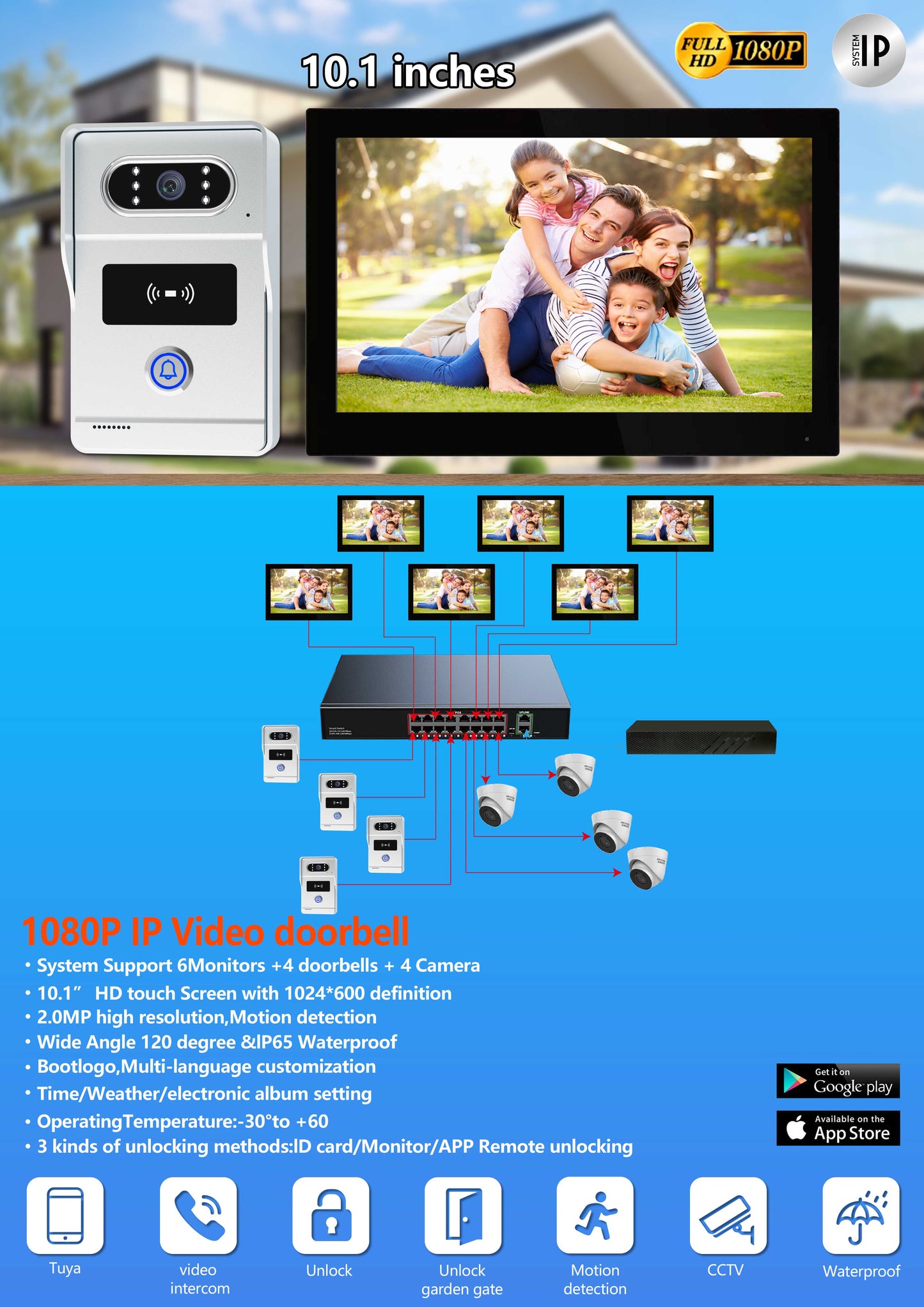 CRONY TUYATY102THTD2 Video Doorbell System 10 Inch AHD Wired Video Intercom with Touch Screen Monitor 1080P Camera Smart App Control Motion Detection Remote Unlocking Night Vision Support TF Card