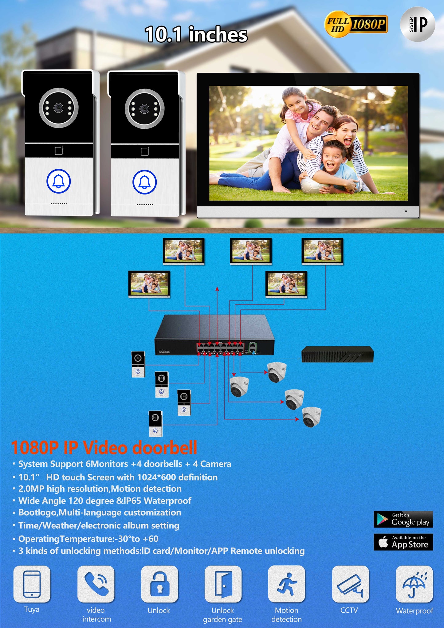 CRONY TUYATY102THTD2X1 Video Doorbell System 10 Inch AHD Wired Video Intercom with Touch Screen Monitor 1080P Camera Smart App Control Night Vision Motion Detection Remote Unlocking Support TF Card