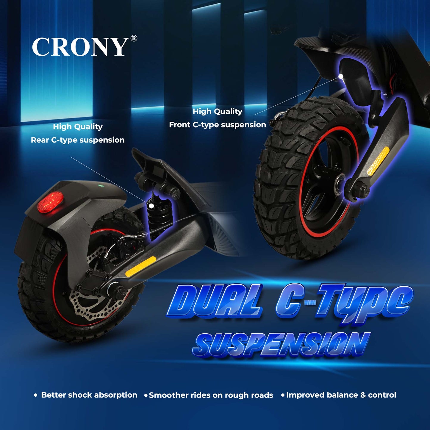 CRONY T2 Electric Scooter for Adults Range Front and Rear Suspension Disc Brakes Aluminum Frame E Bike with APP