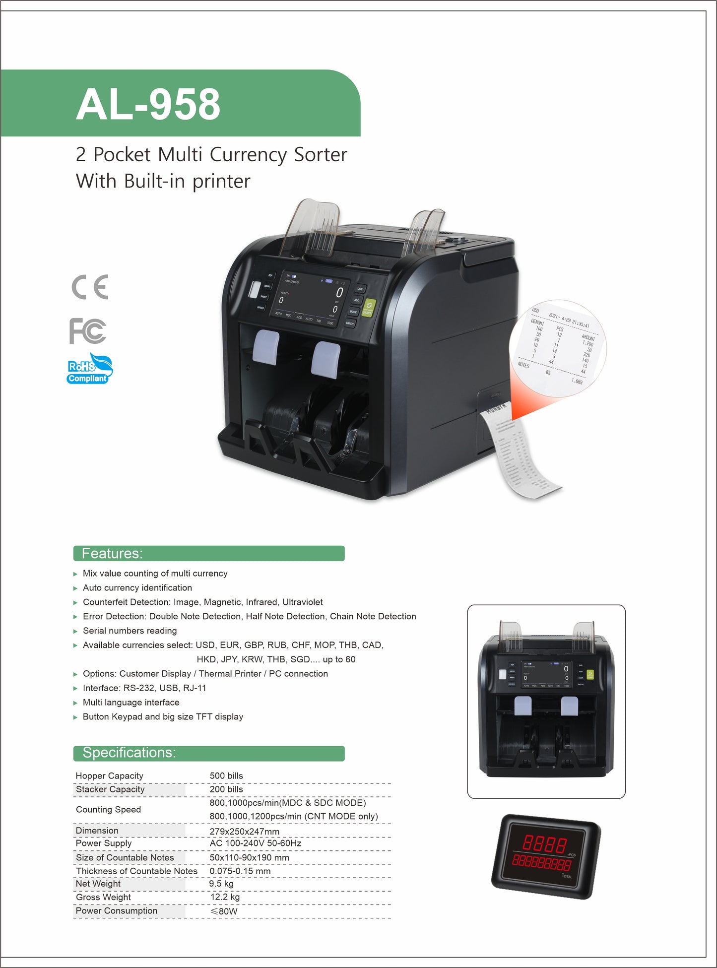 CRONY AL958 AL-958 Multi Currency Money Counter Cash Sorter Machine Banknote Counter with Fake Note Detection Money Counter