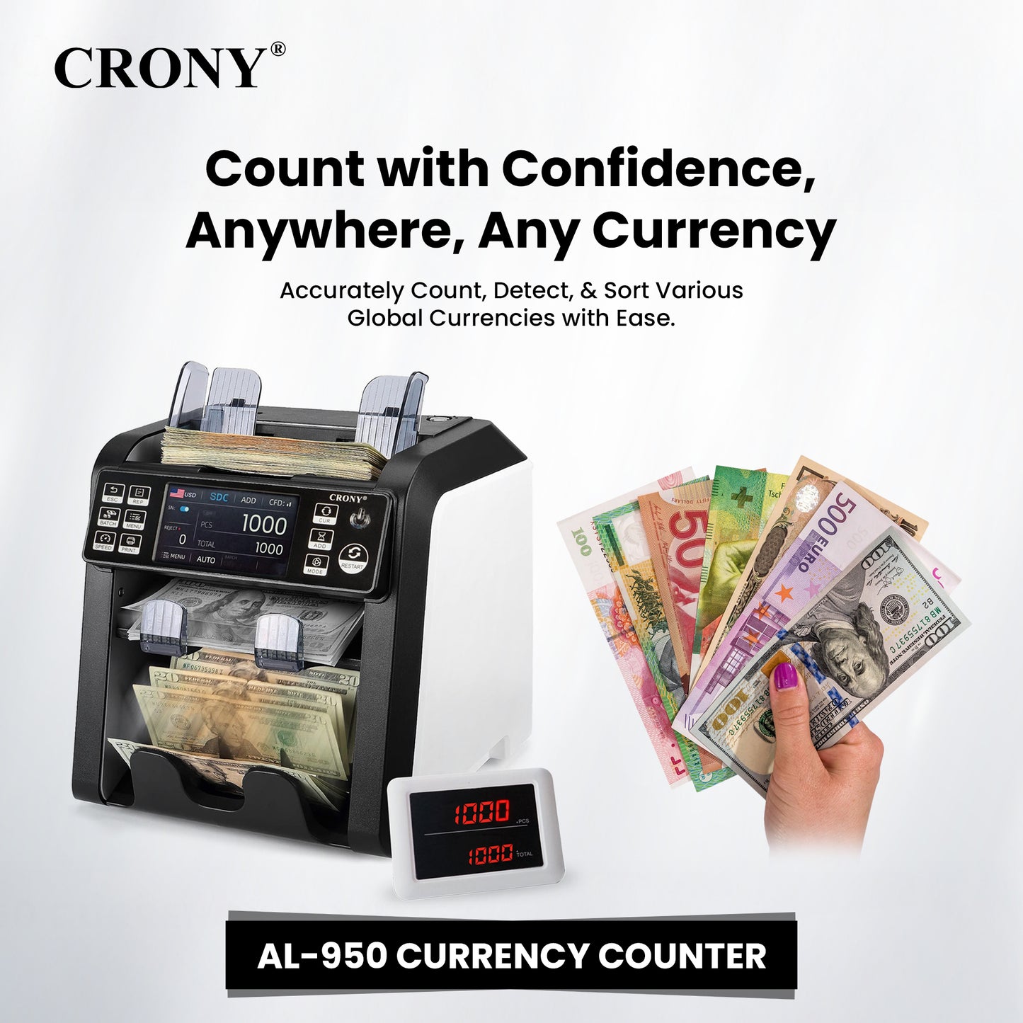 CRONY Banknote Verifiers AL-950 Multi Currency Mix Value Money sorter Pocket Money Counter and Sorter