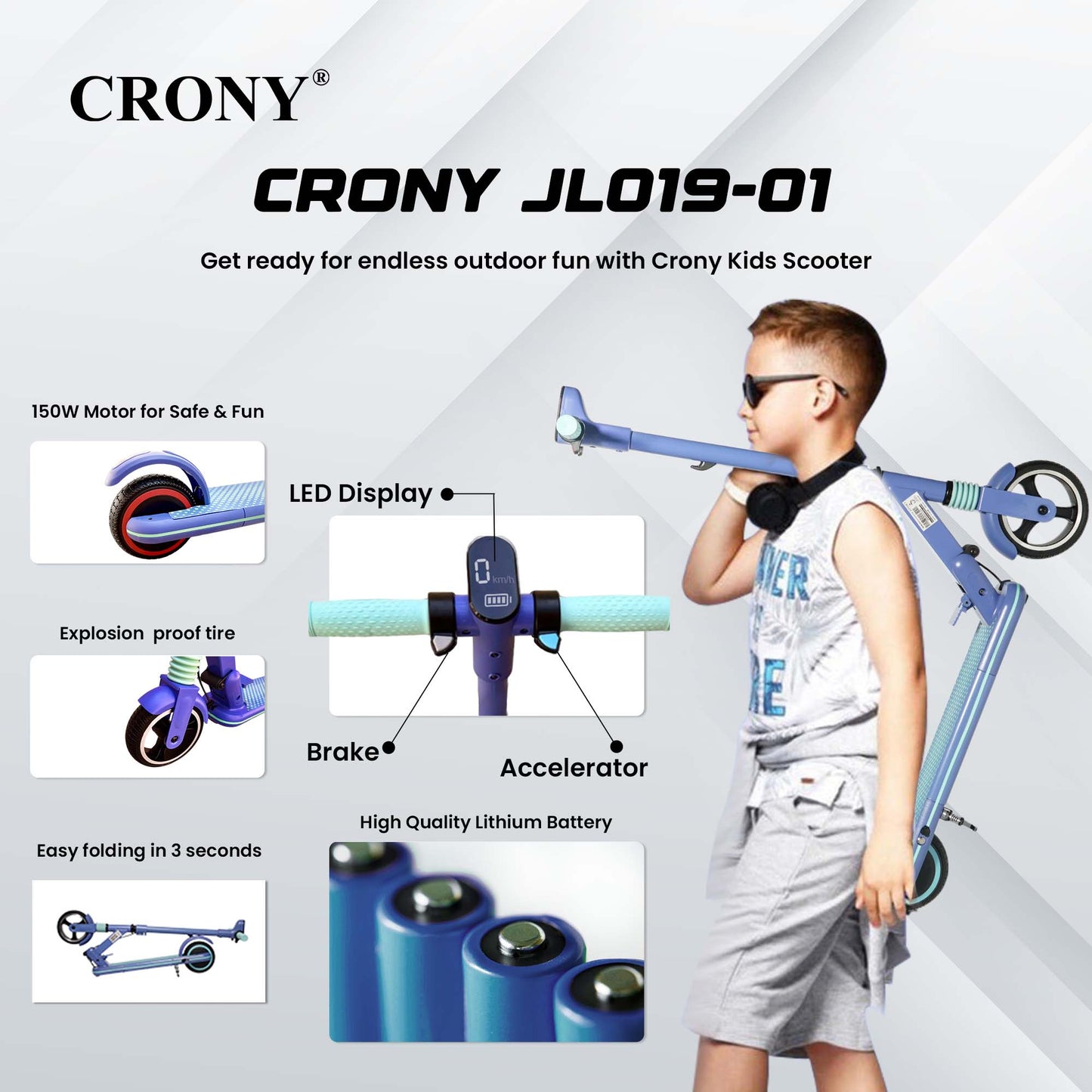 سكوتر كهربائي للأطفال CRONY JL019-01 شاشة LED هيكل قابل للطي بخطوة واحدة