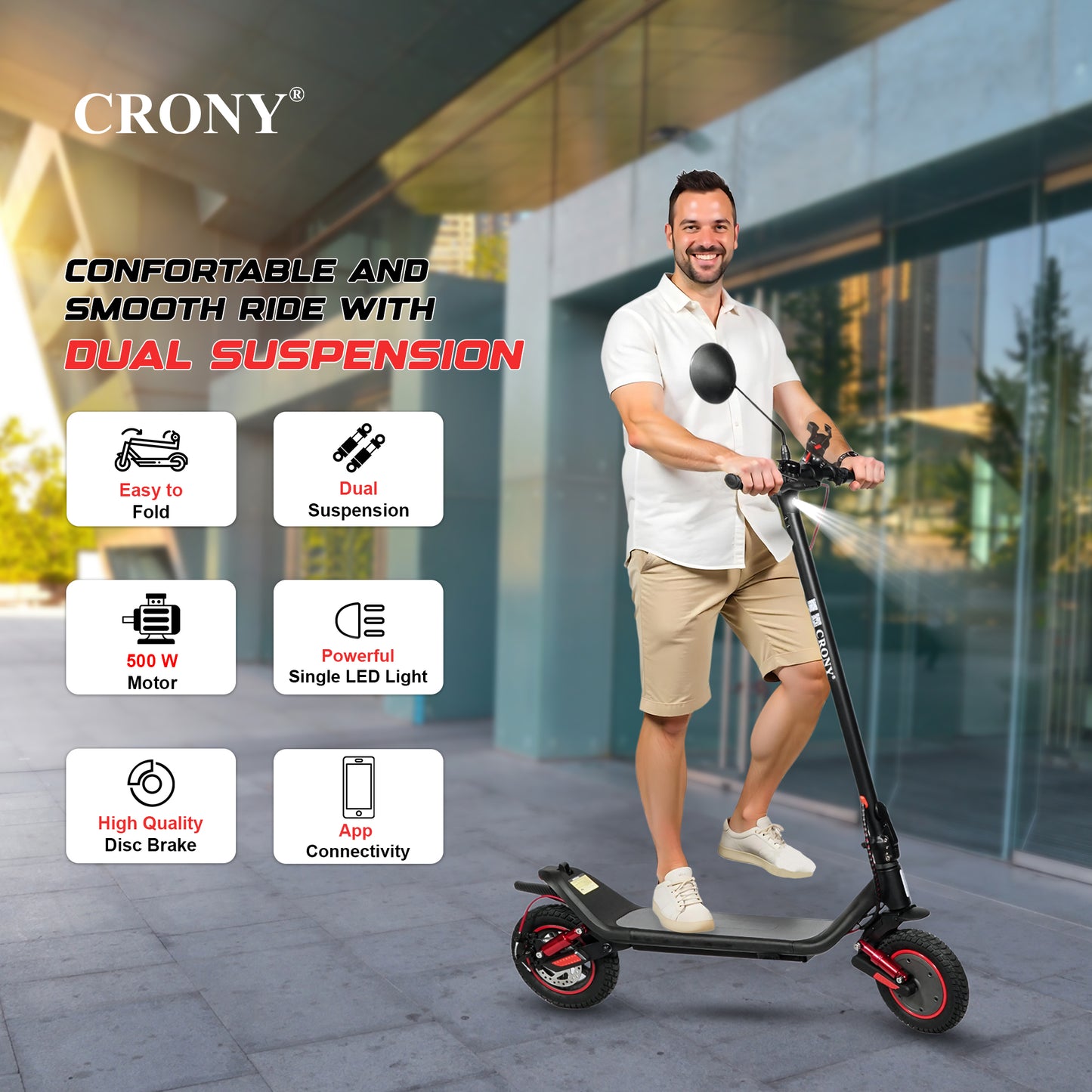 CRONY M365 MAX Dual suspension E-Scooter 500W Motor 36V/10AH Battery 20-30KM Range Back Disc Brake Front/Rear Suspension