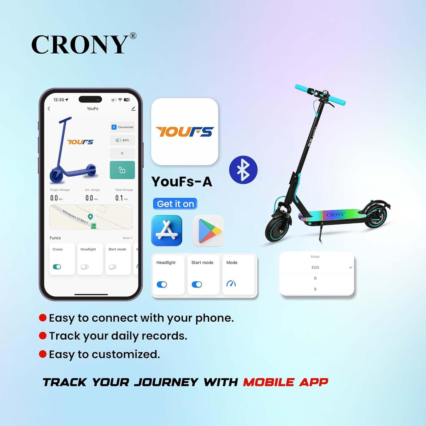 CRONY M365 Foldable Electric Scooter with Front Suspension Durable 7-Colors LED Deck Lights for Adults Kids