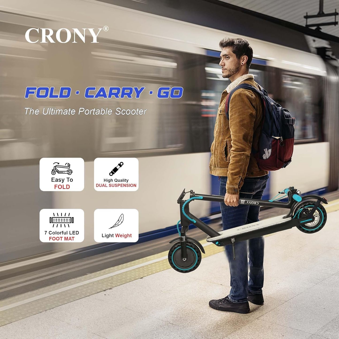CRONY M365 Foldable Electric Scooter with Front Suspension Durable 7-Colors LED Deck Lights for Adults Kids