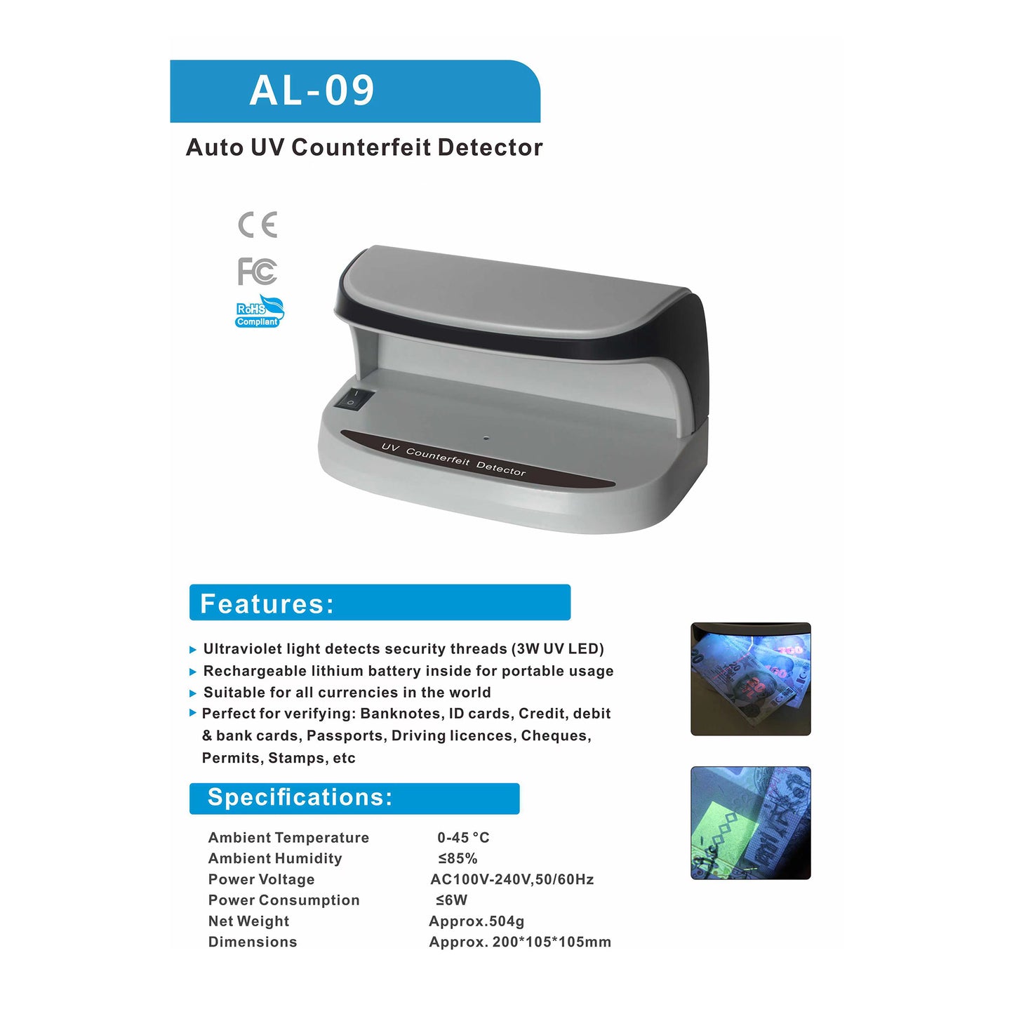 CRONY Banknote Verifiers AL-09 Auto UV Counterfeit Money Detector Handy Mini Counterfeit Money Detector Scanner Machine With UV