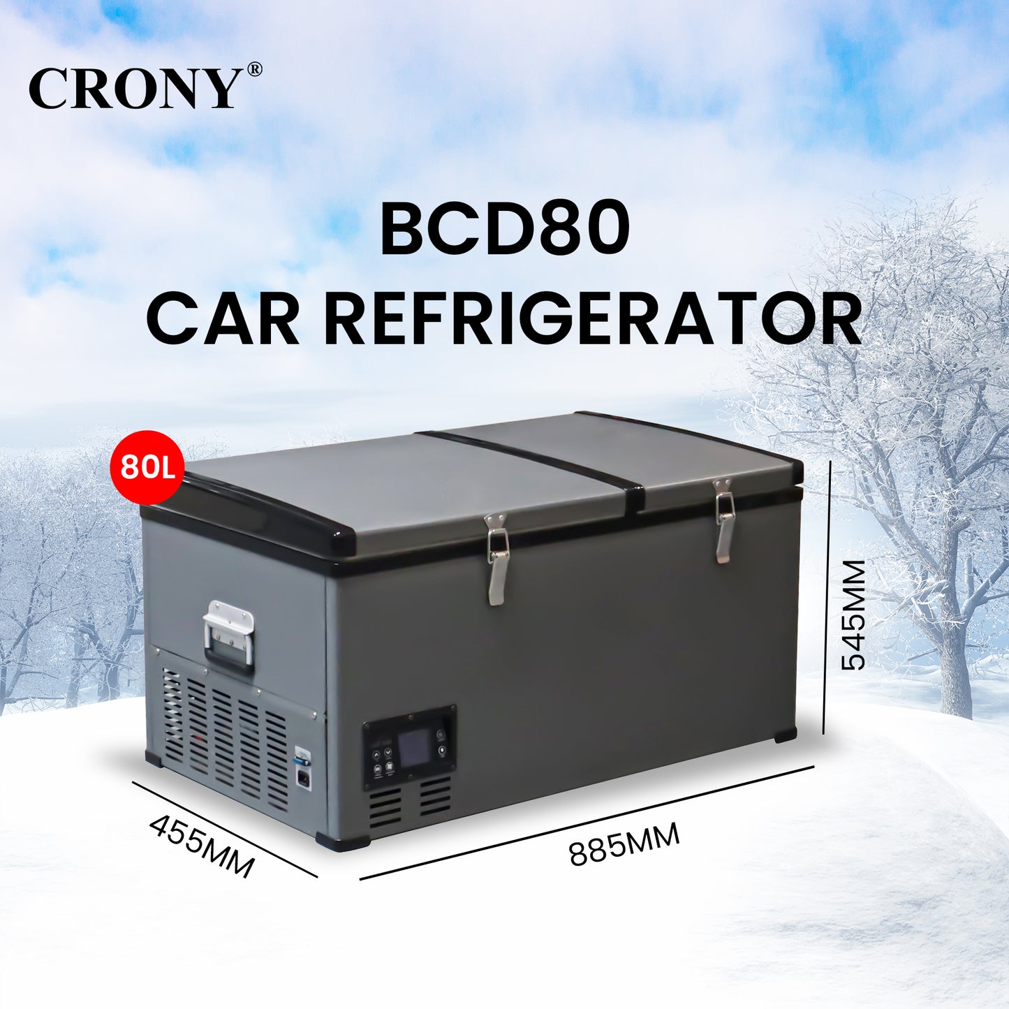 CRONY BCD80 80L Portable Car Refrigerator Freezer for RV Truck Outdoor Use with LCD Temperature Control -20 to 10 Celsius
