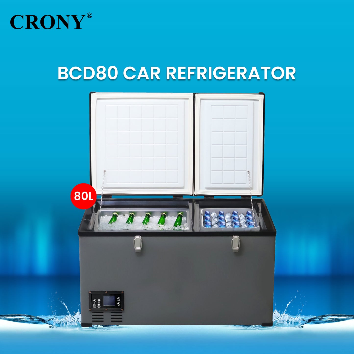 CRONY BCD80 80L Portable Car Refrigerator Freezer for RV Truck Outdoor Use with LCD Temperature Control -20 to 10 Celsius