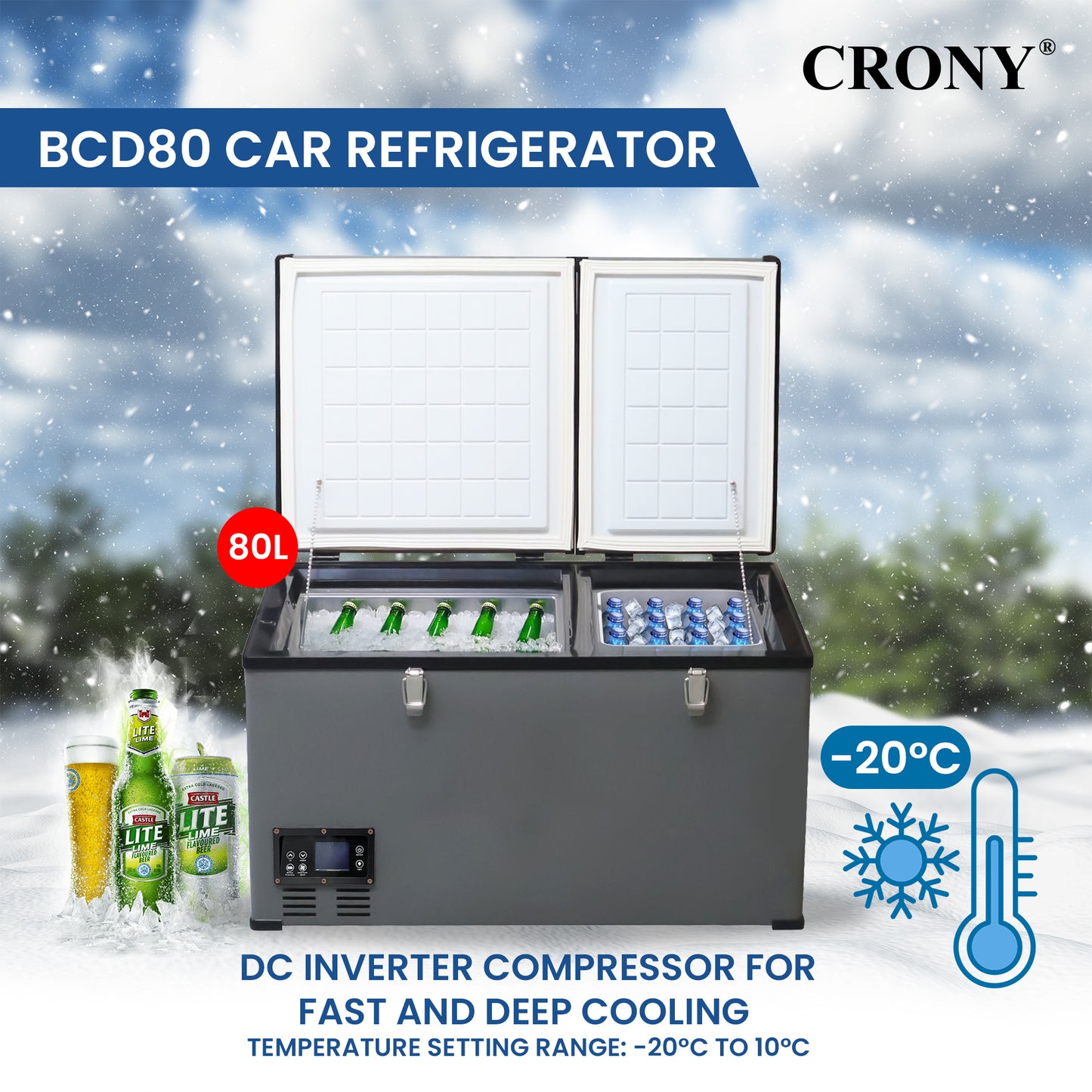 CRONY BCD80 80L Portable Car Refrigerator Freezer for RV Truck Outdoor Use with LCD Temperature Control -20 to 10 Celsius