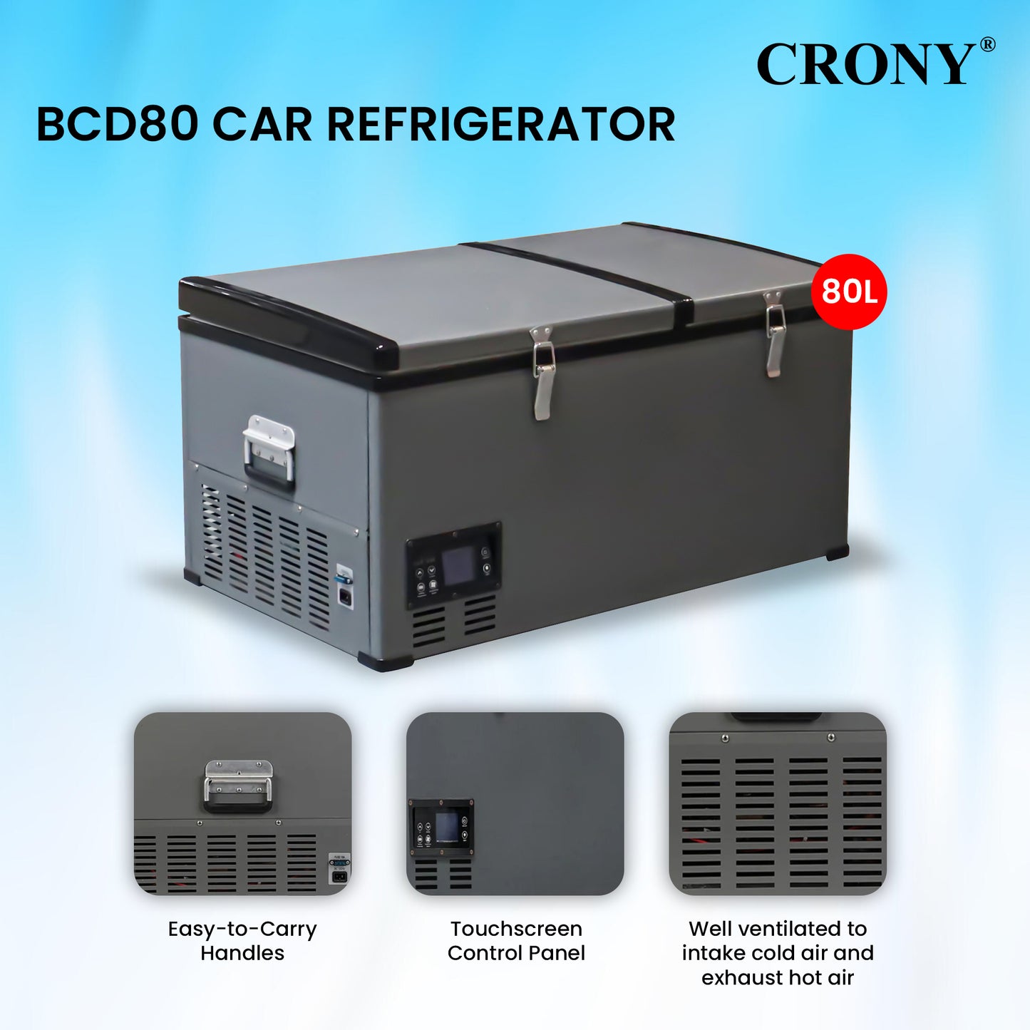 CRONY BCD80 80L Portable Car Refrigerator Freezer for RV Truck Outdoor Use with LCD Temperature Control -20 to 10 Celsius