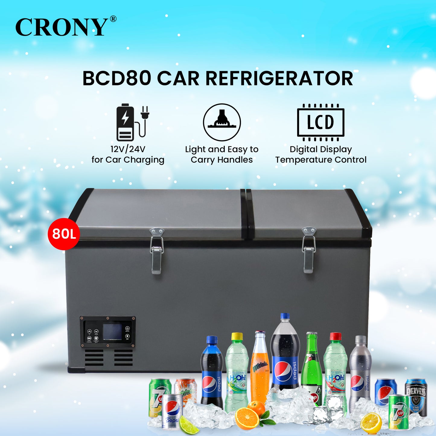 CRONY BCD80 80L Portable Car Refrigerator Freezer for RV Truck Outdoor Use with LCD Temperature Control -20 to 10 Celsius