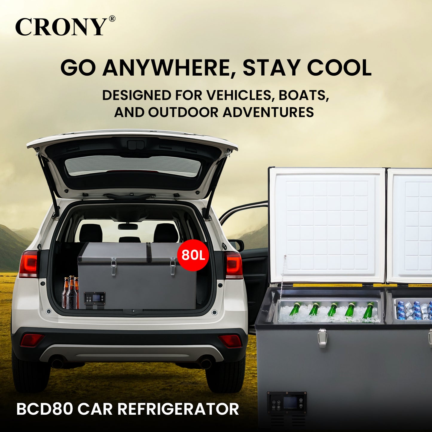 CRONY BCD80 80L Portable Car Refrigerator Freezer for RV Truck Outdoor Use with LCD Temperature Control -20 to 10 Celsius