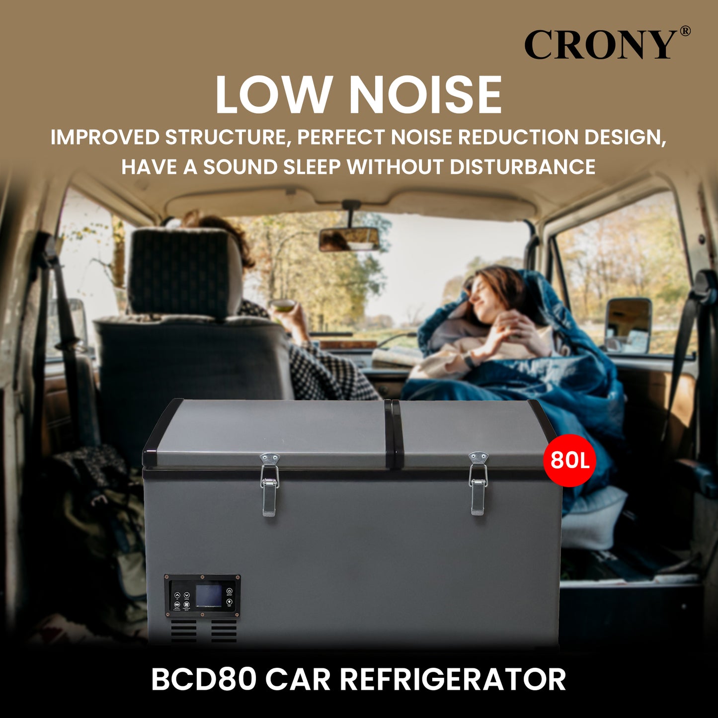 CRONY BCD80 80L Portable Car Refrigerator Freezer for RV Truck Outdoor Use with LCD Temperature Control -20 to 10 Celsius