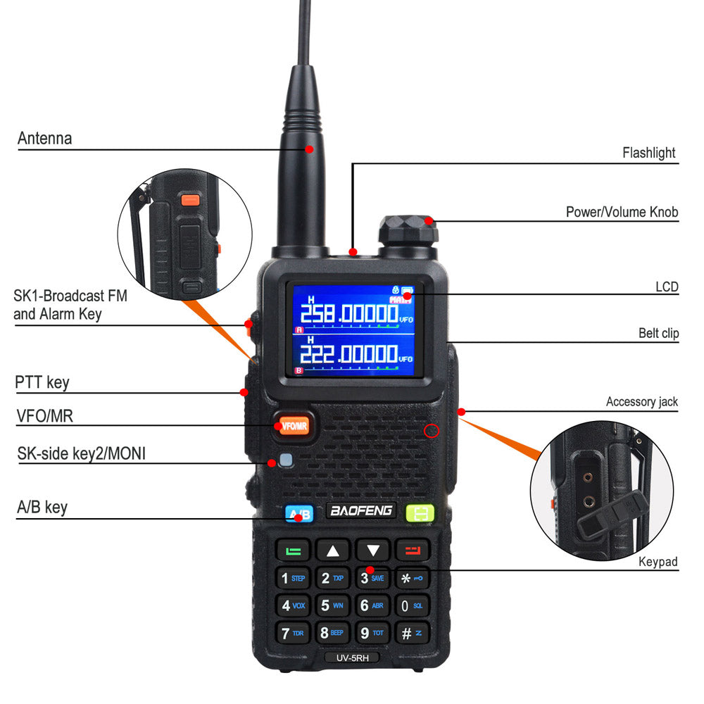 Baofeng UV-5RH 7W UHF (400-480MHz) VHF (136-174MHz) Tri-Bands 999Ch Frequency Search Weather Forecast FM Walkie Talkie