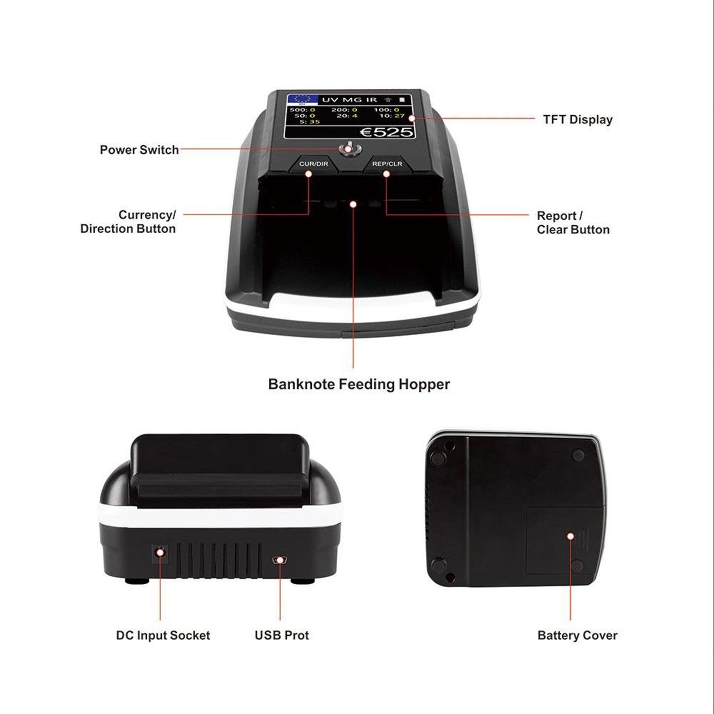 CRONY Banknote Verifiers CN-136 Automatic Money Detector TFT Display Auto Fake Note Money Detector Portable Counterfeit Bill detector Money Counter