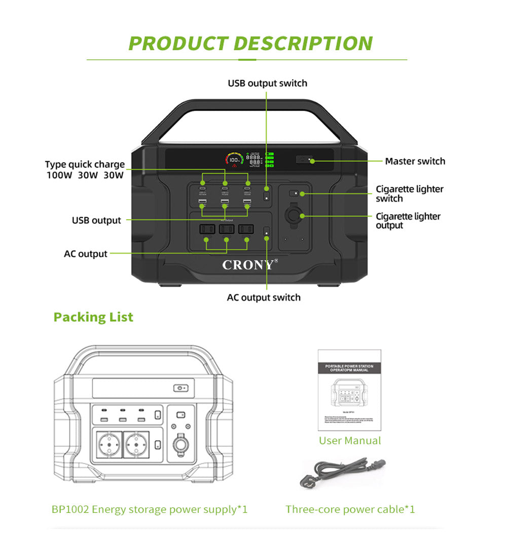 CRONY CN1002-1800W Portable Power Station AC 230V