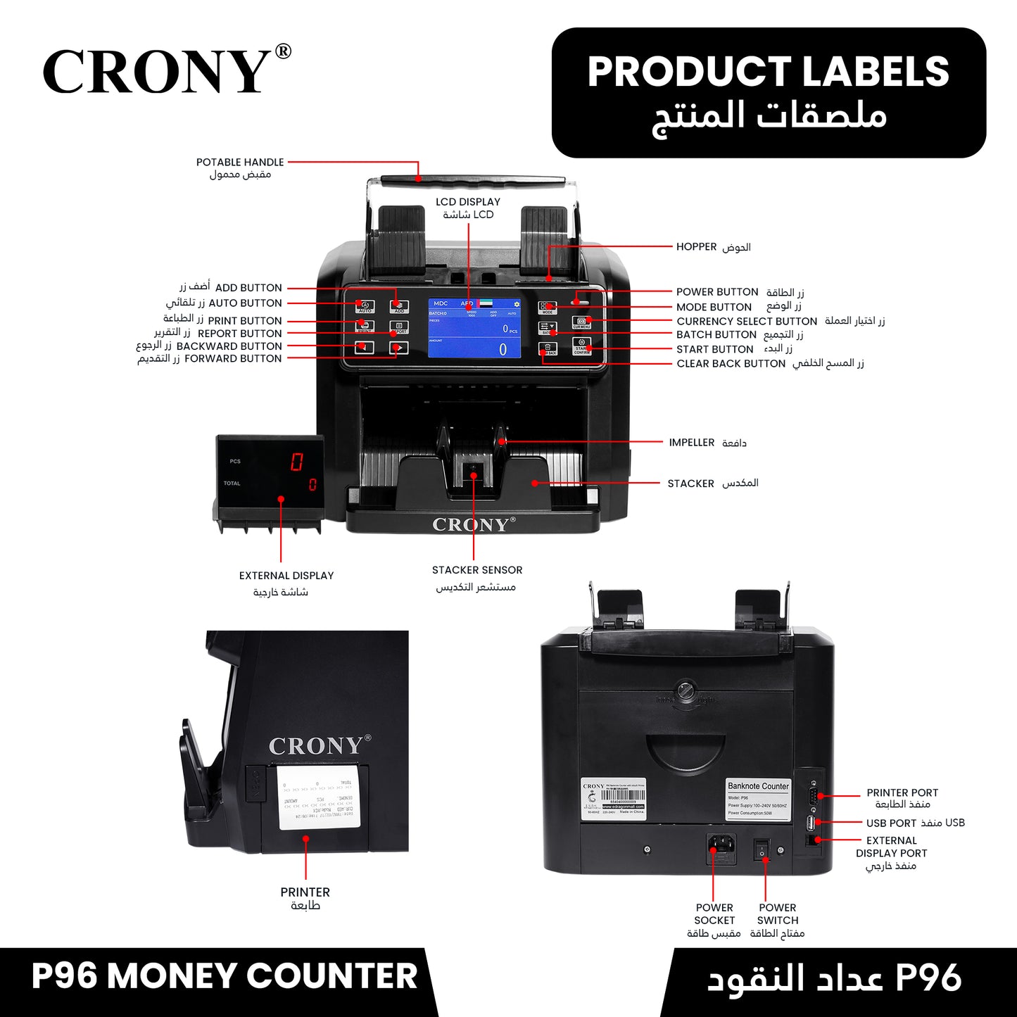 CRONY P96 Banknote Sorter with Inbuilt Printer Multi-Currency Detection LCD Display Simple Maintenance Upgrade by USB Banknote Verifiers
