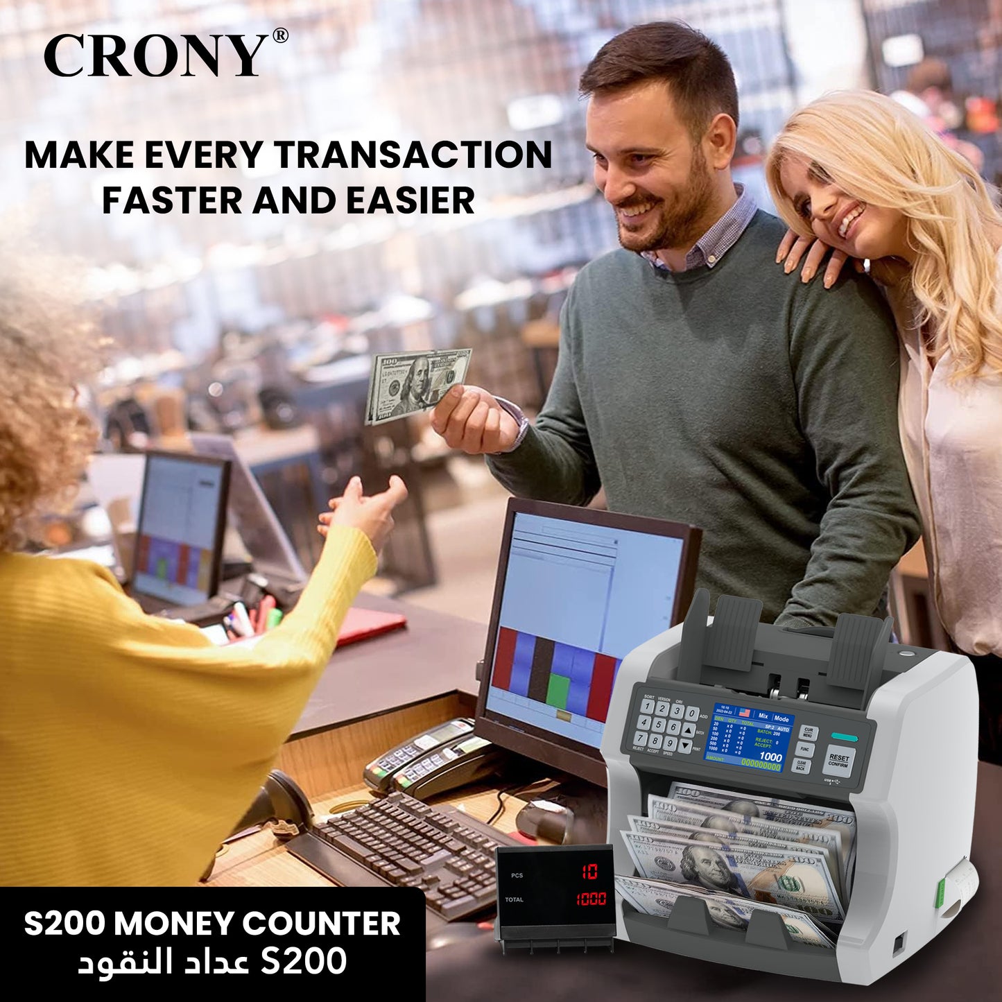 CRONY S200 High-Speed Smart Bill Counter Built-in Thermal Printer Touch Screen Banknote Verifiers
