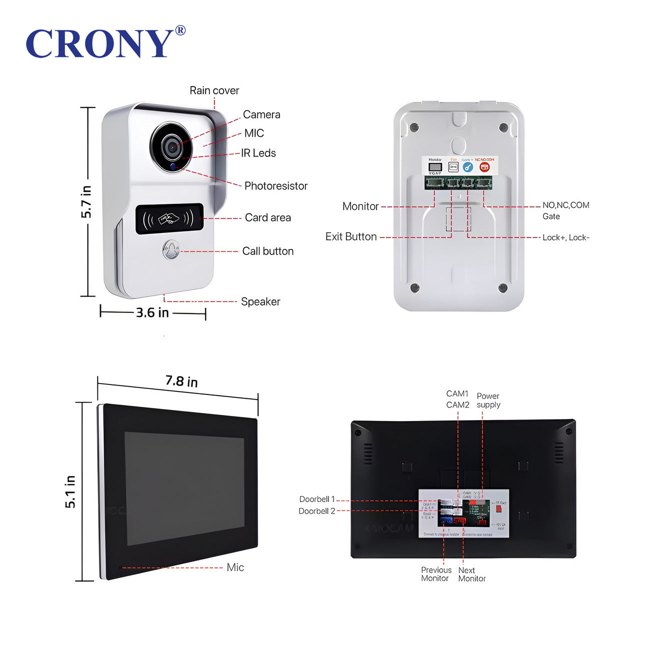 CRONY TUYATY75T-HTD2 7inch AHD Wires Video doorphone 7 Inch Monitor 2MP Camera WiFi Waterproof Two Way Audio Night Vision
