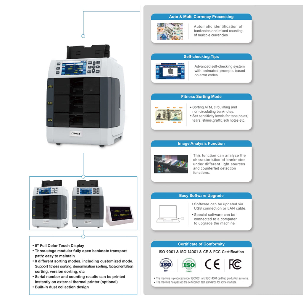 CRONY Banknote Verifiers WR8301 2+1 Multi Currency Mix Value Money sorter Pocket Money Counter and Sorter