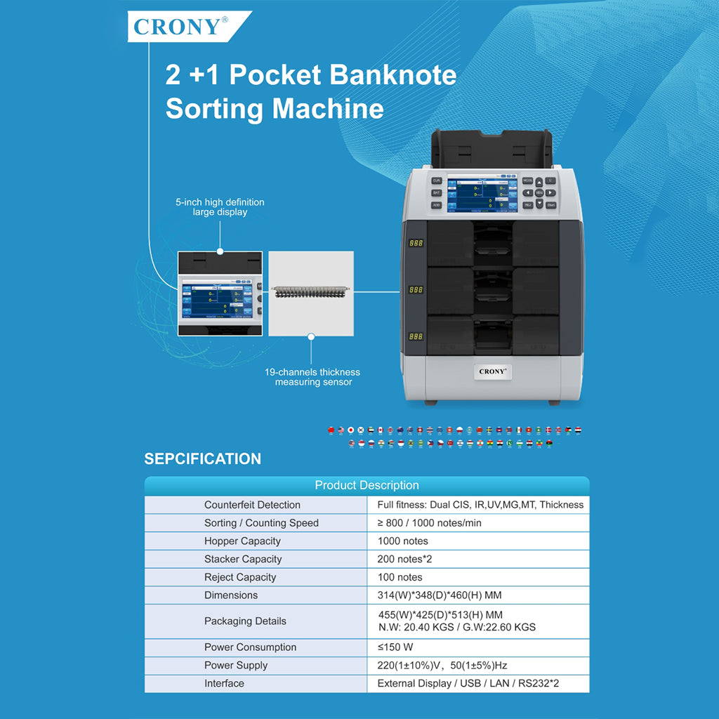 CRONY Banknote Verifiers WR8301 2+1 Multi Currency Mix Value Money sorter Pocket Money Counter and Sorter