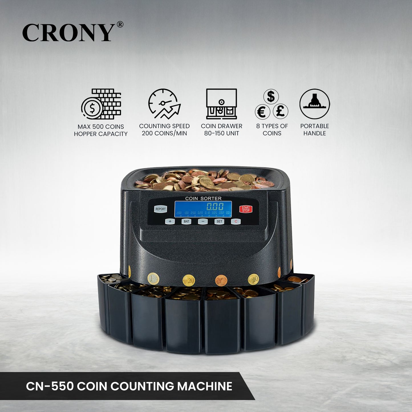 CRONY Banknote Verifiers CN-550 Coin counting machine LCD screen coin sorting machine Export coin counting machine Money Counter