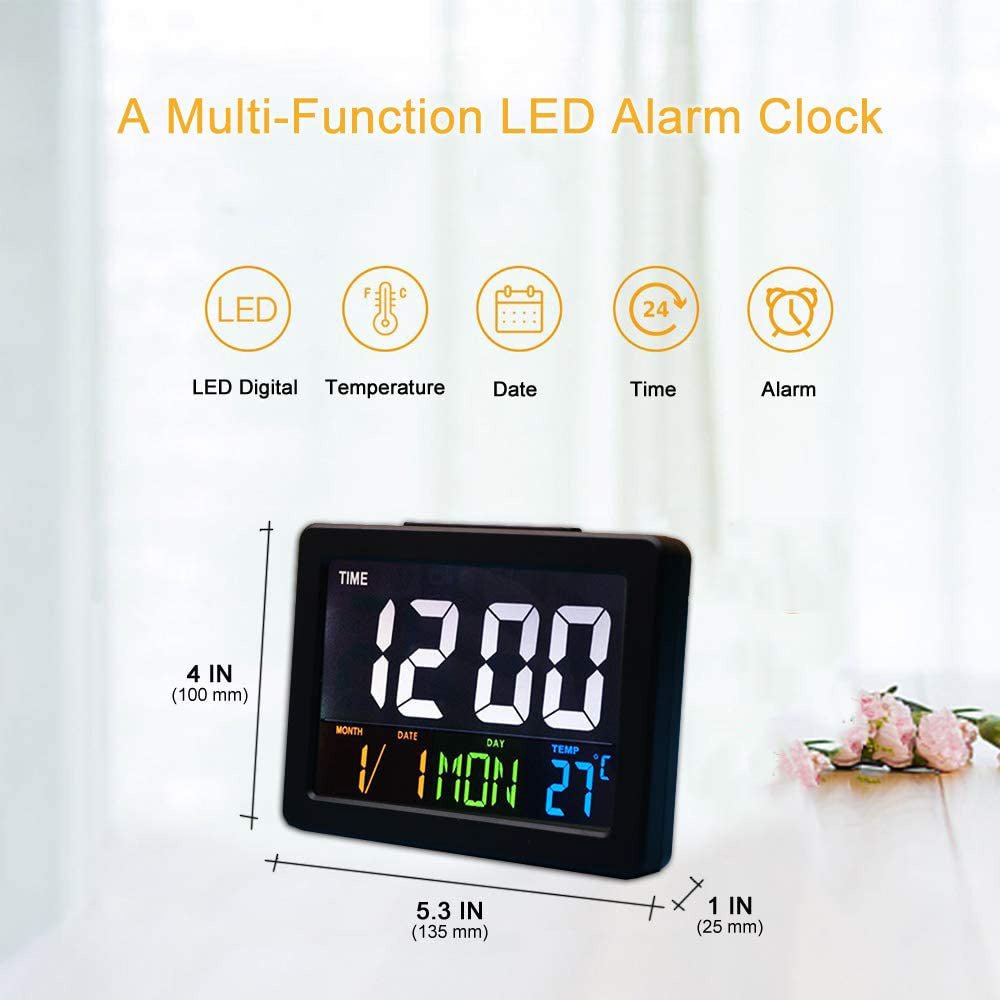CRONY GH-2000 Color Electronic Clock Bedside Large Screen LED Alarm Clock with Date, Temperature | Black