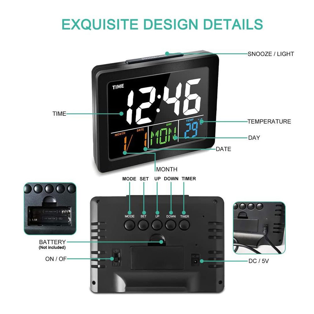 CRONY GH-2000 Color Electronic Clock Bedside Large Screen LED Alarm Clock with Date, Temperature | Black