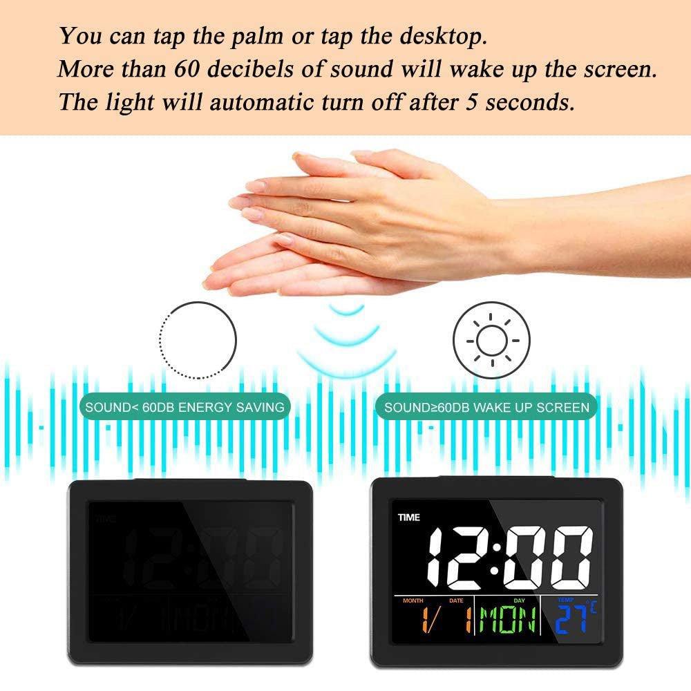 CRONY GH-2000 Color Electronic Clock Bedside Large Screen LED Alarm Clock with Date, Temperature | Black