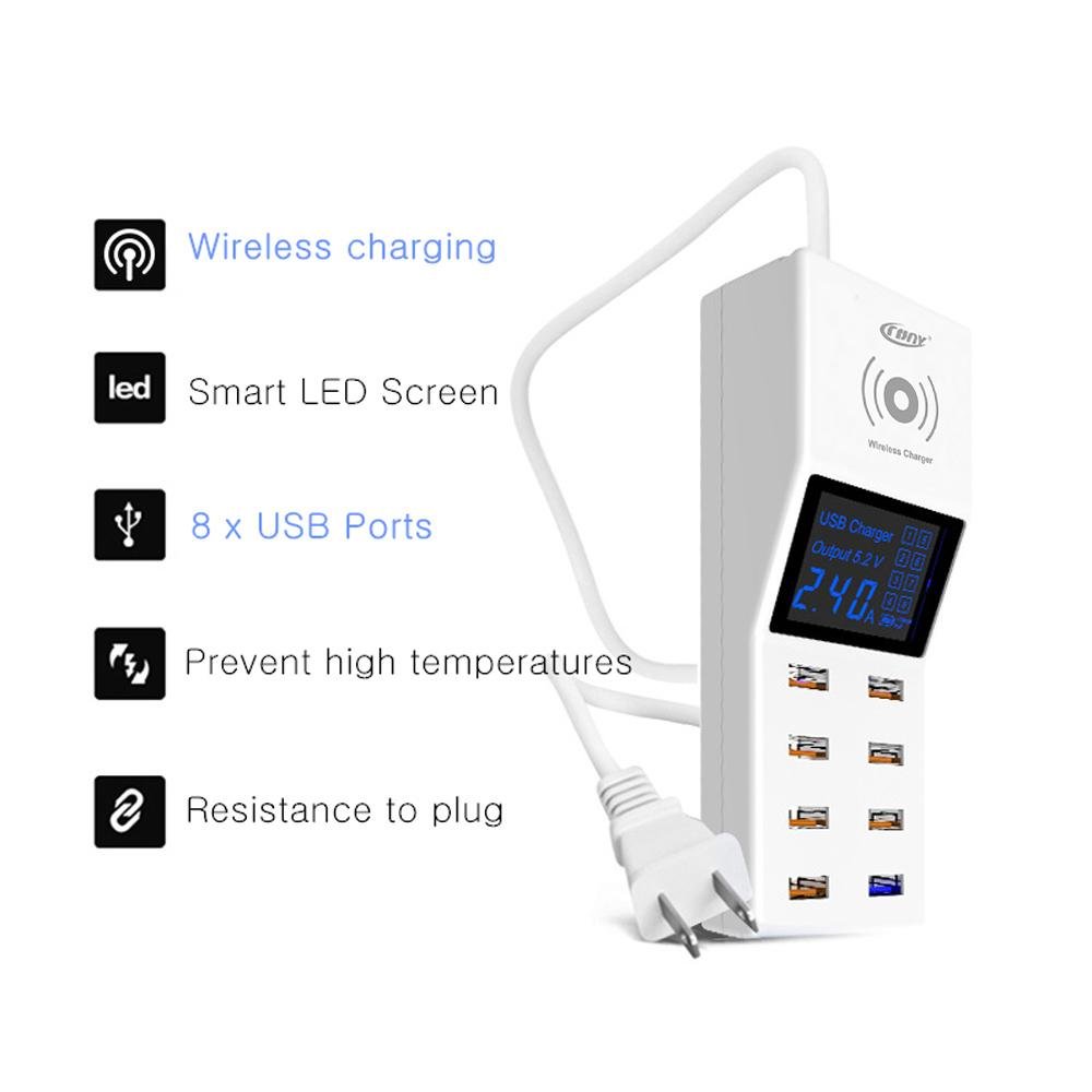 CRONY YC-CDA6W socket 8USB Wireless charging With Display QC3.0 Smart Wireless Fast Charger for iPhone X S9 Mi6 - Edragonmall.com