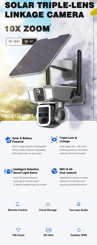 CRONY Y7A 4G-WiFi-4K-8MP(10X) Solar Triple-lens Linkage Camera CCTV 9W Solar Panel