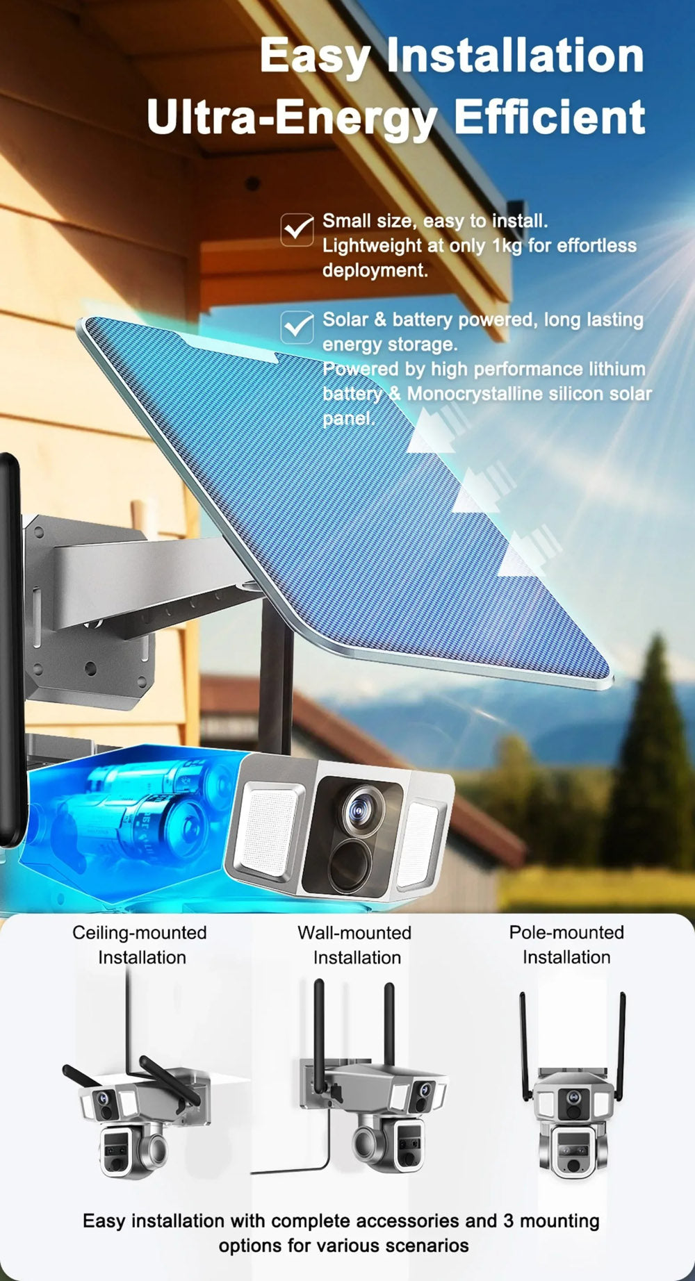 CRONY Y7A 4G-WiFi-4K-8MP(10X) Solar Triple-lens Linkage Camera CCTV 9W Solar Panel