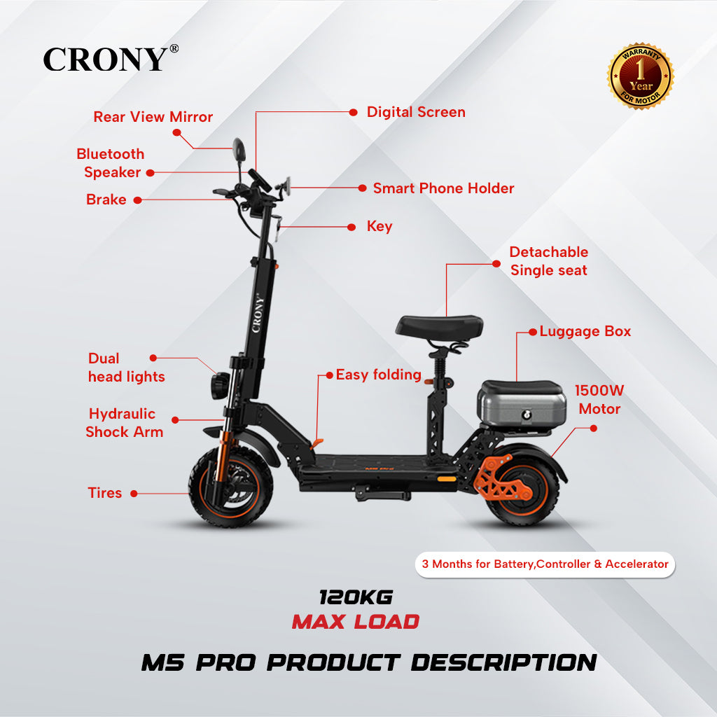 CRONY M5 Pro High-Speed Electric Scooter Up to 80 km/h, 10-Inch Wide Tires, Mobile Phone Holder, Bluetooth Speaker, Rear Luggage Box, Rearview Mirrors, Dual LED Headlamps, IPX4 Waterproof, App Connectivity