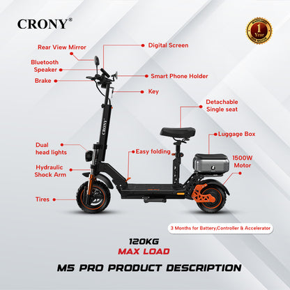 CRONY M5 Pro High-Speed Electric Scooter Up to 80 km/h, 10-Inch Wide Tires, Mobile Phone Holder, Bluetooth Speaker, Rear Luggage Box, Rearview Mirrors, Dual LED Headlamps, IPX4 Waterproof, App Connectivity