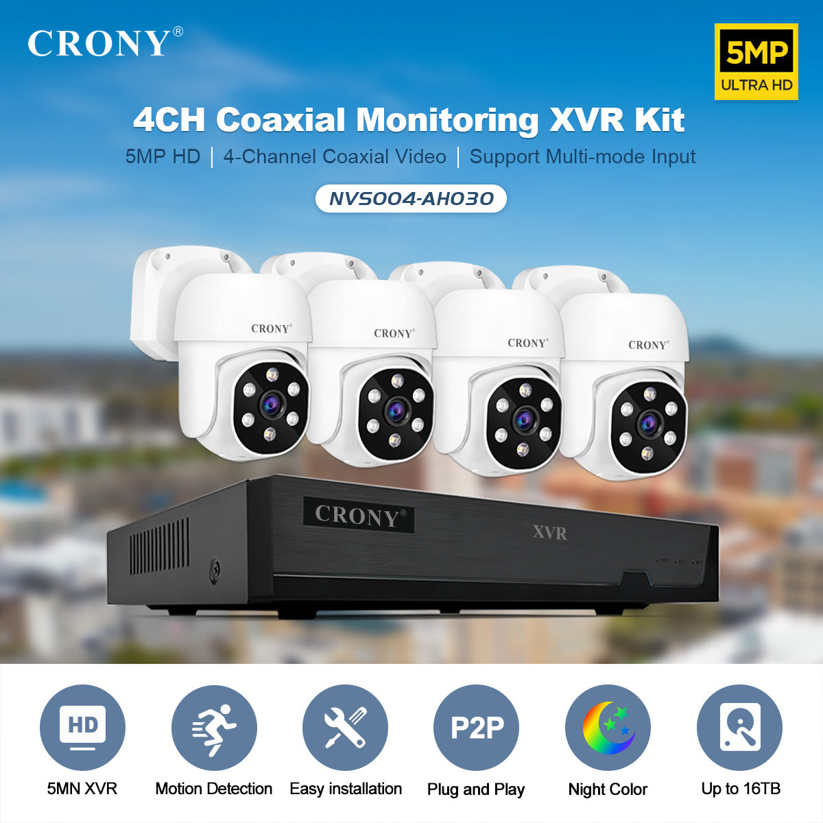 CRONY NVS004-WIFI-5MP 4CH XVR Kit Motion detection Full-color night vision 2-way audio