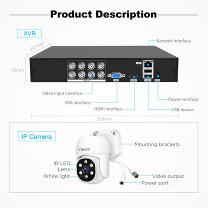 CRONY NVS008 Security Camera System 8 Channel 5MP Outdoor Indoor Surveillance DVR Kit with 8pcs 5MN AHD Cameras with Audio Night Vision Motion Detection
