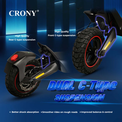 CRONY T2 Electric Scooter for Adults Range Front and Rear Suspension Disc Brakes Aluminum Frame E Bike with APP