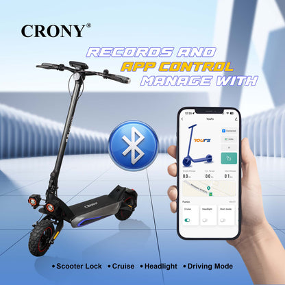 CRONY T2 Electric Scooter for Adults Range Front and Rear Suspension Disc Brakes Aluminum Frame E Bike with APP