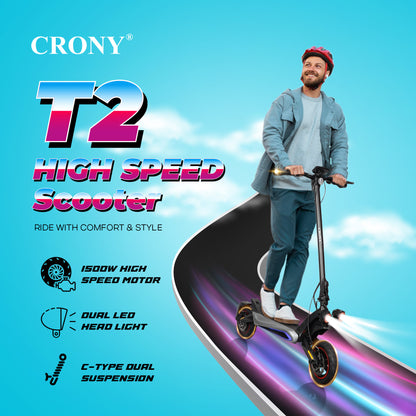 CRONY T2 Electric Scooter for Adults Range Front and Rear Suspension Disc Brakes Aluminum Frame E Bike with APP