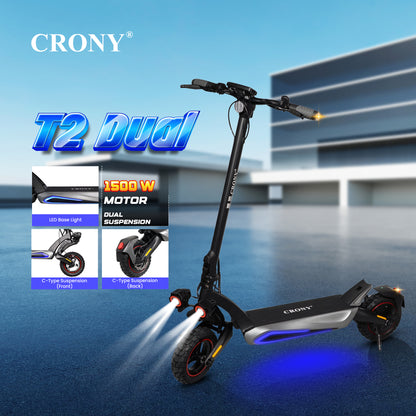 CRONY T2 Electric Scooter for Adults Range Front and Rear Suspension Disc Brakes Aluminum Frame E Bike with APP
