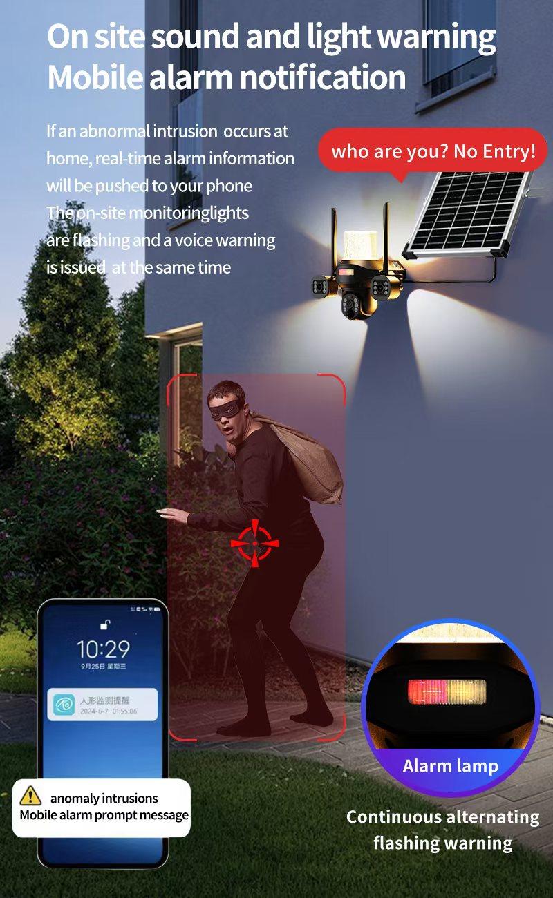 CRONY  TB02-4G-4K V380 PRO APP Solar street light 3 Head Camera 4G 5MP Outdoor Waterproof IP65 Dual Lens Night Vision Two Way Audio