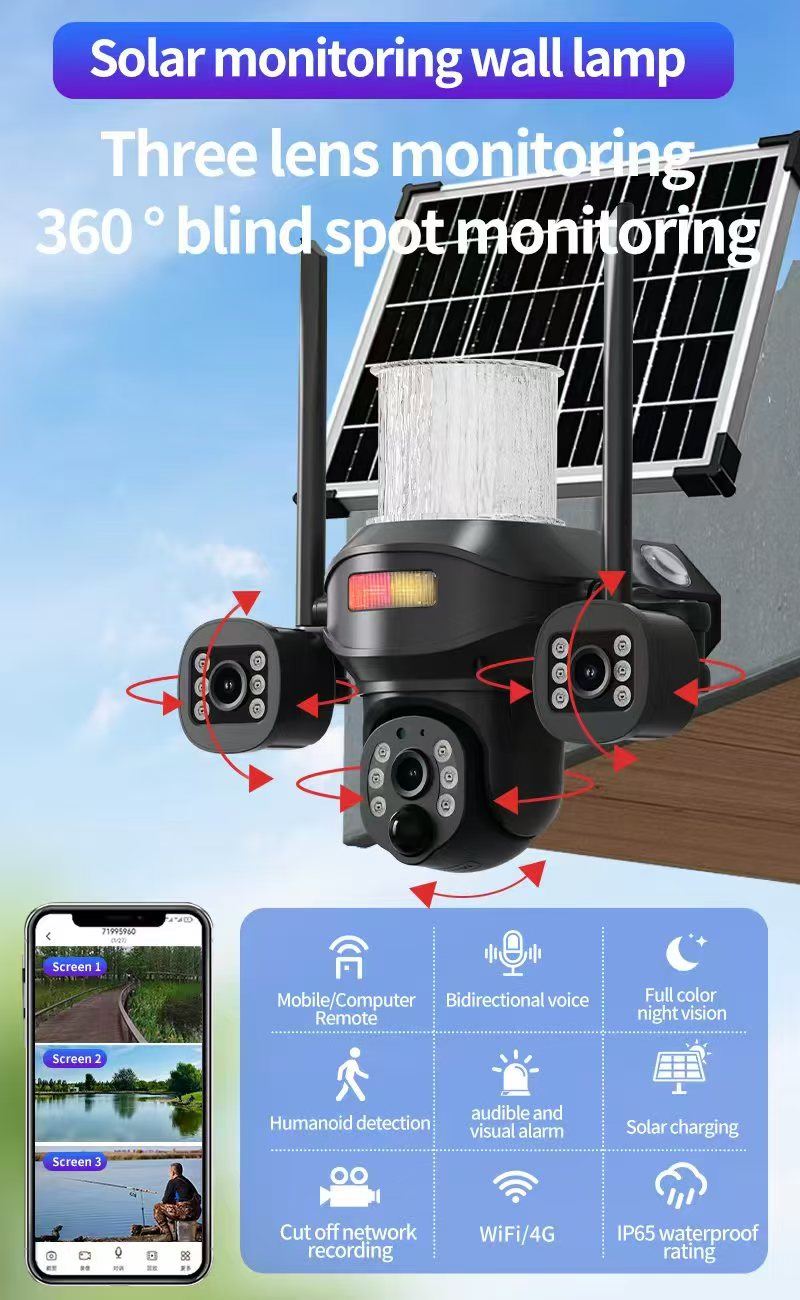 CRONY  TB02-4G-4K V380 PRO APP Solar street light 3 Head Camera 4G 5MP Outdoor Waterproof IP65 Dual Lens Night Vision Two Way Audio