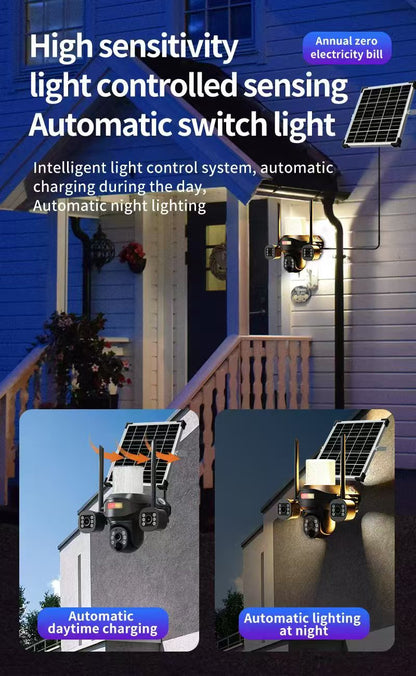 CRONY  TB02-4G-4K V380 PRO APP Solar street light 3 Head Camera 4G 5MP Outdoor Waterproof IP65 Dual Lens Night Vision Two Way Audio