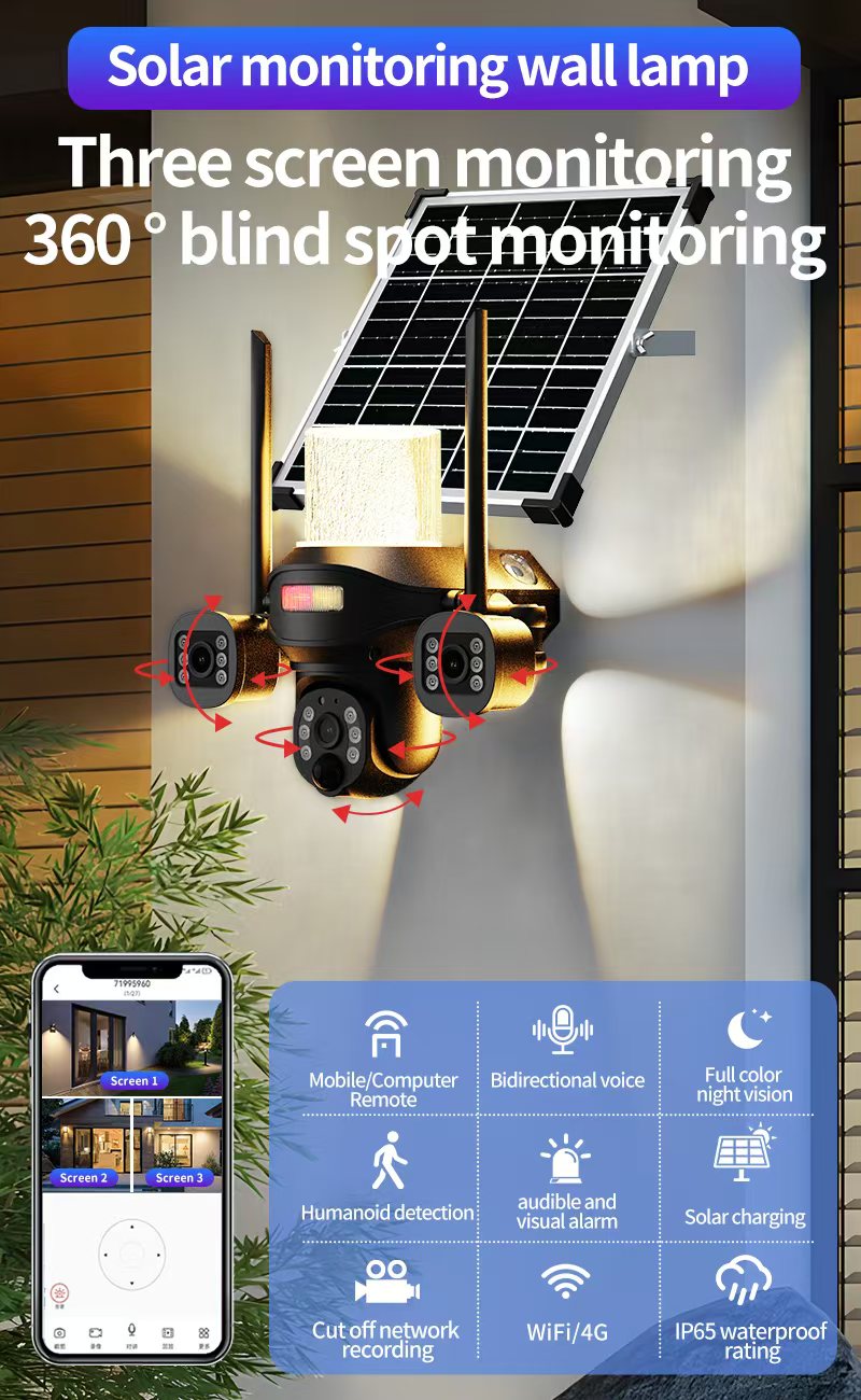 CRONY  TB02-4G-4K V380 PRO APP Solar street light 3 Head Camera 4G 5MP Outdoor Waterproof IP65 Dual Lens Night Vision Two Way Audio