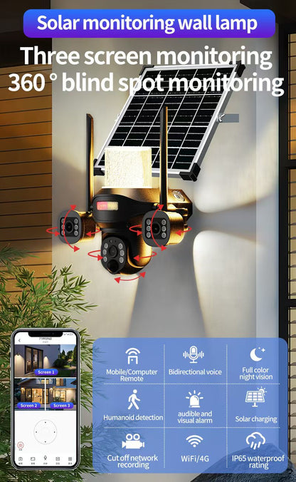 CRONY  TB02-4G-4K V380 PRO APP Solar street light 3 Head Camera 4G 5MP Outdoor Waterproof IP65 Dual Lens Night Vision Two Way Audio